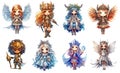 Set of cute cartoon fairytale characters - angel, fairy, princess, warrior girl, wizard. Generative AI