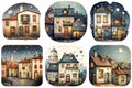 Set of cute cartoon fairytale vintage houses, old city street, night cityscape, stylized isolated illustrations for cover art or