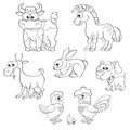 Set of cute cartoon farm animals. Horse, cow, goat, rabbit, dog, hen, and chick. Royalty Free Stock Photo