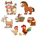 Set of cute cartoon farm animals. Horse, cow, goat, rabbit, dog, hen, and chick Royalty Free Stock Photo