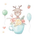 Set of cute cartoon fawn in a cup. Balloons and flowers Royalty Free Stock Photo