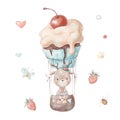 Set of cute cartoon fawn in a hot air balloon in the form of a cake