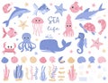 A set of cute cartoon fish. Whale, octopus, squid, turtle, shrimp. Collection of funny sea animals, algae, plants, rocks Royalty Free Stock Photo