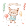 Set of cute cartoon fox with balloons and flowers Royalty Free Stock Photo