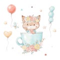 Set of cute cartoon fox in a cup. Balloons and flowers Royalty Free Stock Photo