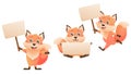 Set of cute cartoon foxes. Vector character holding blank banner, poster, pointer. Teaching or protest concept.