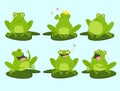 Set of cute cartoon frogs. Cute, croaking, in love, laughing, frightened, hungry. Royalty Free Stock Photo