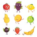 Set of cute cartoon fruit. Vector illustration with funny characters. Funny fresh food time. Royalty Free Stock Photo