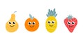 A set of cute cartoon fruits, pineapple, pear, orange and strawberry on a white background. Vector image in flat style Royalty Free Stock Photo