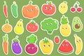 Set of cute cartoon fruits and vegetables stickers. Vector flat