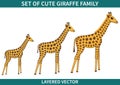 Set of cute cartoon giraffe family vector illustration isolated on white background. Hand drawn mother and baby giraffes