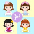 Set of cute cartoon girls with various costumes