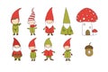 Set of cute cartoon gnomes. Funny elves. Hand drawing isolated objects on white background. Vector illustration.