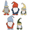 Set of cute cartoon Gnomes. Vector illustration flat design of a fairytale characters of dwarfs isolated on white. Royalty Free Stock Photo