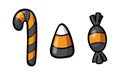 Set of cute cartoon halloween candies - candy cane, candy corn and more. Royalty Free Stock Photo