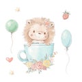 Set of cute cartoon hedgehog in a cup with flowers and balloons Royalty Free Stock Photo