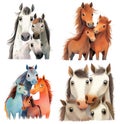 Set of cute cartoon horses. Portraits of funny horses families, isolated illustration for children\'s books. Generative AI