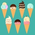 Set of cute cartoon icons. Ice cream scoopswith smile in different colors and waffle cone Royalty Free Stock Photo