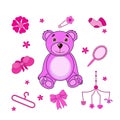 A set of cute cartoon icons for newborn baby girl. Baby shower elements. Royalty Free Stock Photo