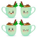 Set of cute cartoon kawaii cups. Characters with hands and a smile. Illustration isolated on white background