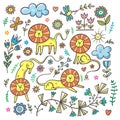 Set with cute cartoon lions. Funny animals collection. Doodle plants print. Vector herbs and flowers poster.