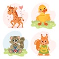 Set of cute cartoon little animal characters, giraffe, teddy bear, squirrel, chicken, duckling, raccoon, hedgehog, wolf, beaver.