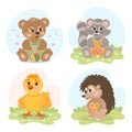 Set of cute cartoon little animal characters, giraffe, teddy bear, squirrel, chicken, duckling, raccoon, hedgehog, wolf, beaver. Royalty Free Stock Photo