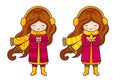 Set of cute cartoon little girls in autumn coat and striped scarf.