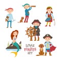 Set of cute cartoon little pirate, sailor kids and mermaid