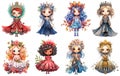 Set of cute cartoon little princesses in beautiful dresses. Watercolor illustration isolated on white background. Generative AI