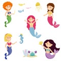 Set of 5 cute cartoon mermaids. Little mermaid girls with colored hairstyles and other elements of the underwater world