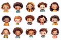 Set of cute cartoon multiethnic kids avatars with different hairstyles, isolated children on white background