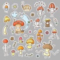 Set with cute cartoon mushrooms. Funny characters sticker pack. Doodle plant poster.