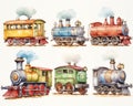 set of cute cartoon ornate vintage trn locomotives isolated on white Digital watercolor.