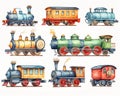 set of cute cartoon ornate vintage trn locomotives isolated on white Digital watercolor.