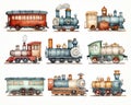 set of cute cartoon ornate vintage trn locomotives isolated on white Digital watercolor.