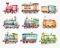 set of cute cartoon ornate vintage trn locomotives isolated on white Digital watercolor.