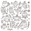 Set with cute cartoon owls. Funny animals collection. Doodle birds print. Vector herbs  poster. Royalty Free Stock Photo