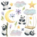 A set with cute cartoon pandas, swings, moon, stars, clouds and delicate, abstract, purple flowers. Children's