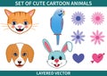 Set of cute cartoon pet animals vector illustration isolated on white background. Hand drawn dog, cat, budgerigar, rabbit Royalty Free Stock Photo