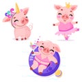 Set of cute cartoon pigs. Pig in a unicorn costume, piggy princess with a crown, piggy on the beach with a cocktail.