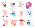 Set of cute cartoon pigs. Vector illustration for calendar, card, banner, postcard and printable.