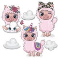 Set of Cute Cartoon Pink Lama Royalty Free Stock Photo