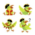 Set of cute cartoon pirate parrot in cocked hat receiving gift, holding garland, crying and thinking Royalty Free Stock Photo