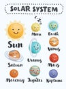 Set of cute cartoon planets with funny faces stickers. cute stickers, patches or pins collection. solar system stickers set