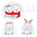 Set cute cartoon polar bear with ribbon, scarf and deer horn in white background Royalty Free Stock Photo