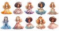 Set of cute cartoon princesses with crowns, watercolor portraits of little girls in princess dresses, kids clipart. Generative AI