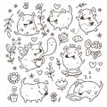 Set with cute cartoon puppies and plants. Doodle floral poster. Spring vector print with dog. Funny animals sticker pack.