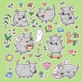 Set with cute cartoon puppies and plants. Doodle floral poster. Spring vector print with dog. Funny animals sticker pack. Royalty Free Stock Photo