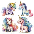 Set of cute cartoon rainbow unicorns, isolated on white background. Watercolor painting style. Generative AI Royalty Free Stock Photo